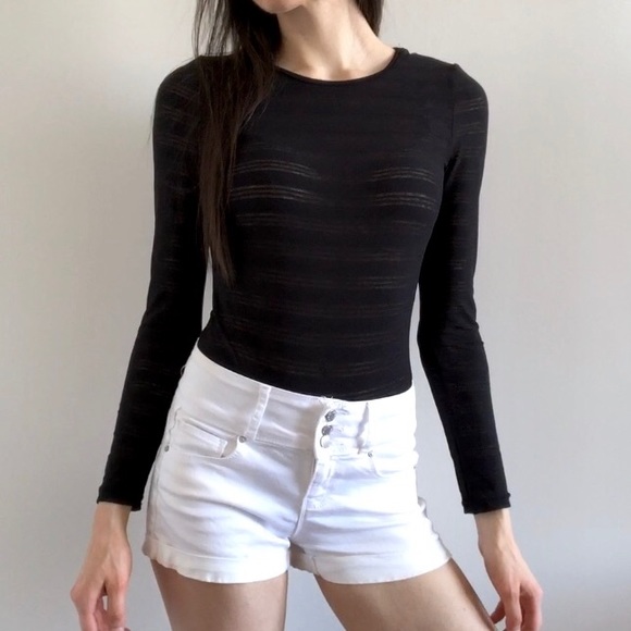 Tops - Sheer Stripe Long Sleeve Black Bodysuit